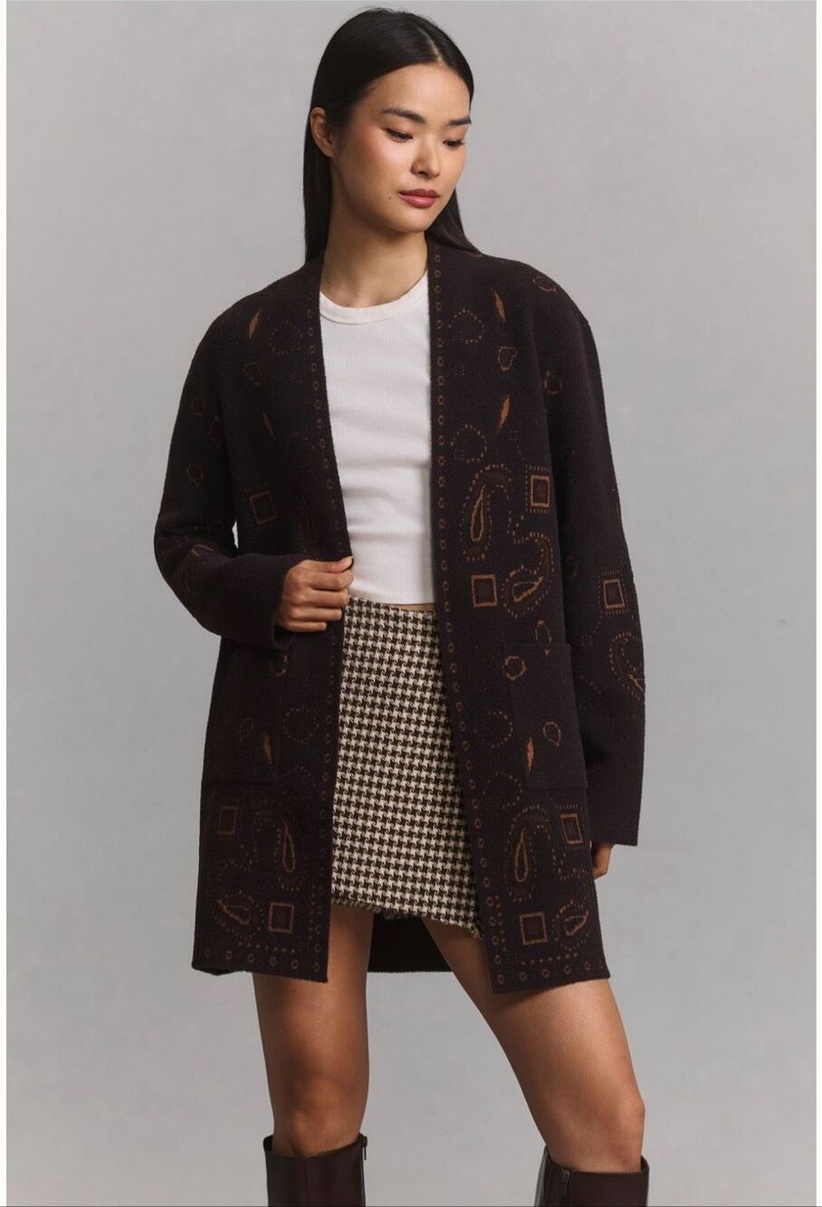 NVLT Sz L Anthropologie Longline Western Paisley Coatigan Brown Open Front Cardi